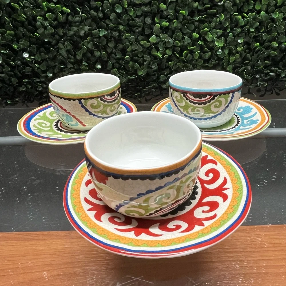 Pier 1 Multicolor Ceramic Bowl and Saucer Set